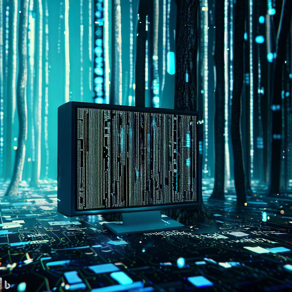Een verloren computer in een digitaal bos